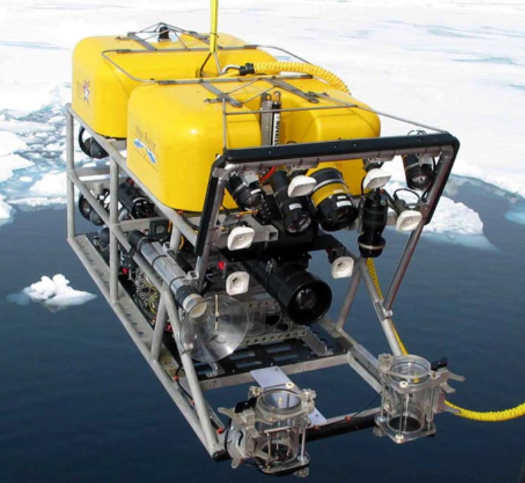 ROV ready to be deployed into the Antarctic ocean to photograph the sea floor and collect samples.