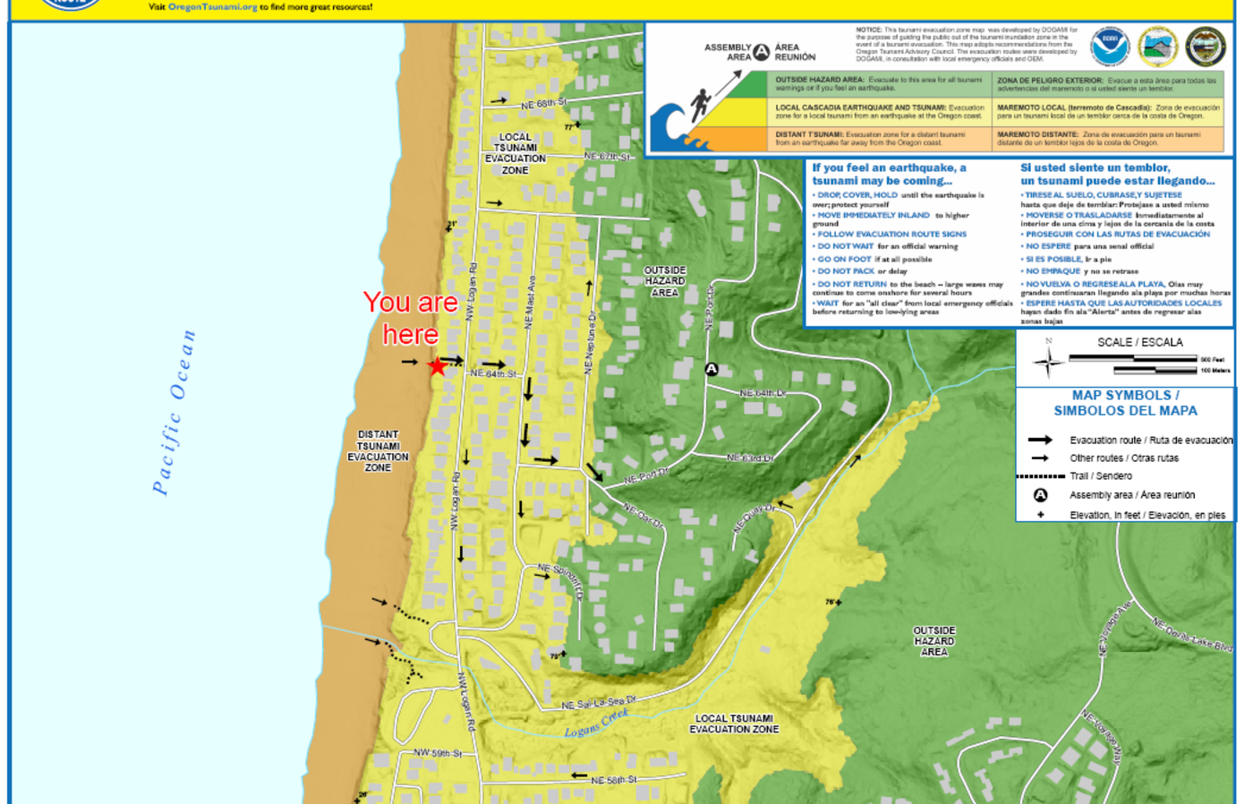 Tsunami evacuation map for NE 64th Street in Lincoln City