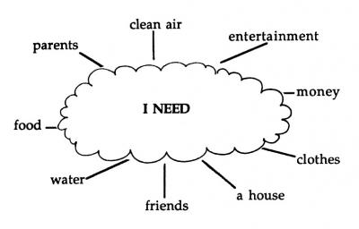 Image cloud graphic listing what students think they need to survive