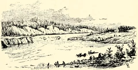 An histroical drawing of native Americas fishing on the banks of the Willamette Falls before statehood.