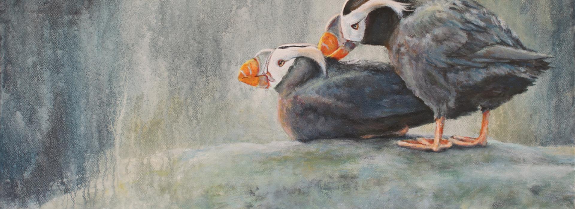 painting of tufted puffins