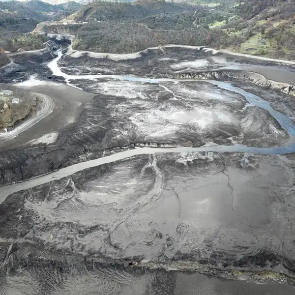 A river winds through land.