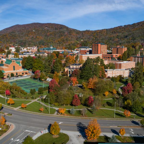 view of App State campus and surrounding mountains 