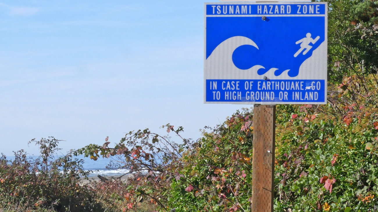 A blue and white sign tsunami hazards sign near the beach. The sign depicts a tsunami wave and a figure running from it. 